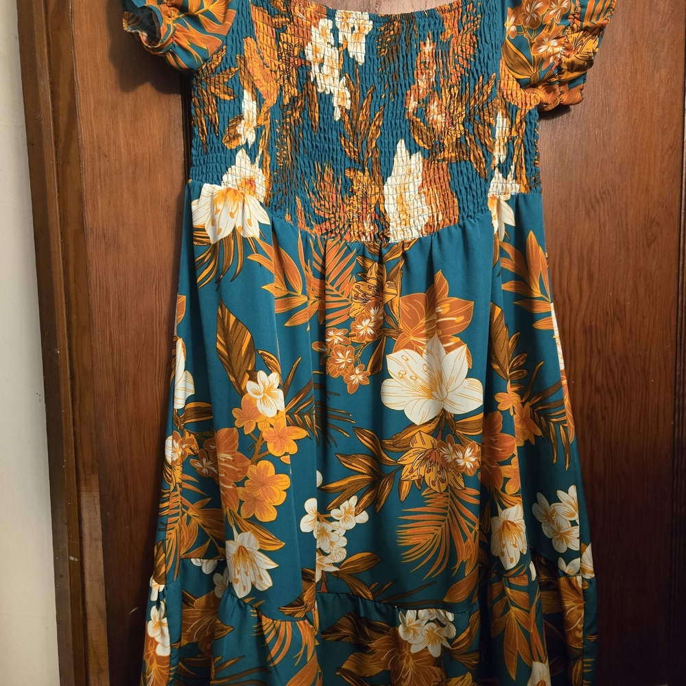 Girls Teal Floral Puff-Sleeve Smocked Dress